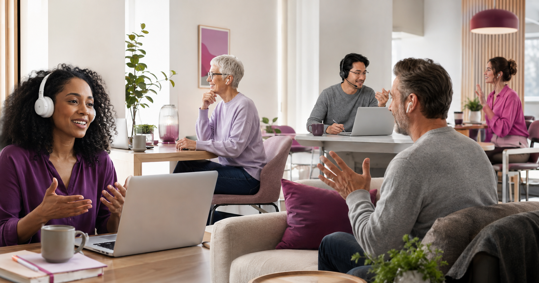Personas adultas conversando y compartiendo experiencias desde distintos dispositivos