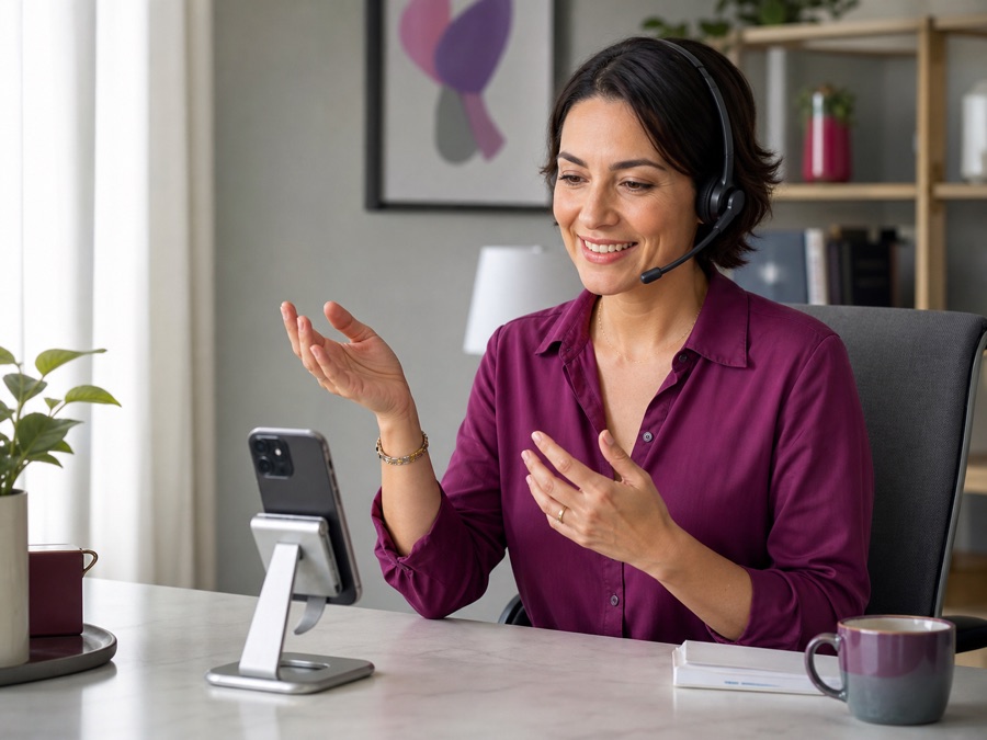 Creadora atendiendo una conversación con auriculares